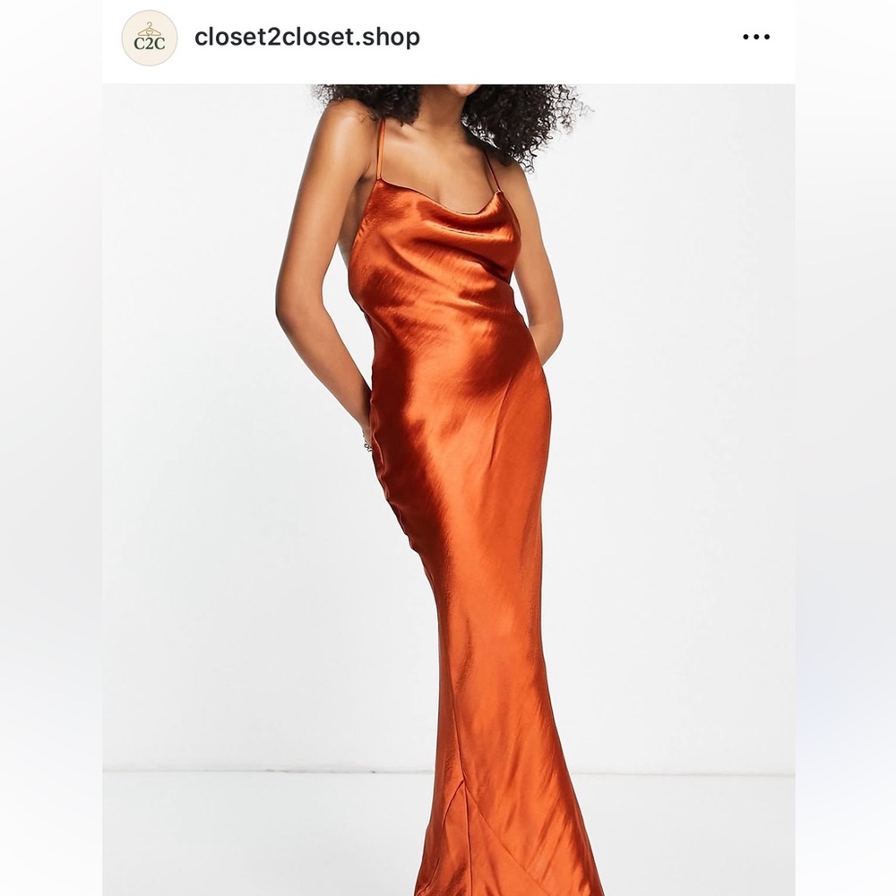 ASOS cami maxi slip dress in high shine satin with lace up back in color Rust